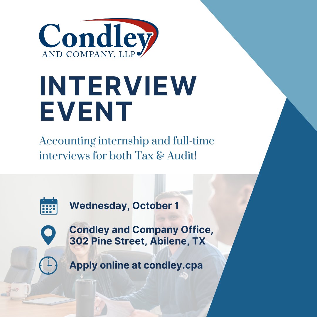 HSU Accounting &amp; Finance Students! 
Two HUGE opportunities with Condley &amp; Company:

Sept 18: Open House (5:30-7pm) - Tour, networking, career insights &amp; staff panel 

Oct 1: Interview Event for internships &amp; full-time positions

Apply at condley.cpa
