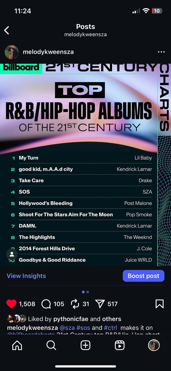 melodyqueensza's tweet photo. @billboardcharts 21st Century top R&amp;B/Hip-Hop chart ranking Out of 100 #sos ranks at no 4 as for #ctrl ranks at  no 23! ✅The ranking is based on performance on the weekly Top R&amp;B/Hip-Hop Albums chart from the start of 2000 through the end of 2024. https://t.co/bYZ6ColRd1
