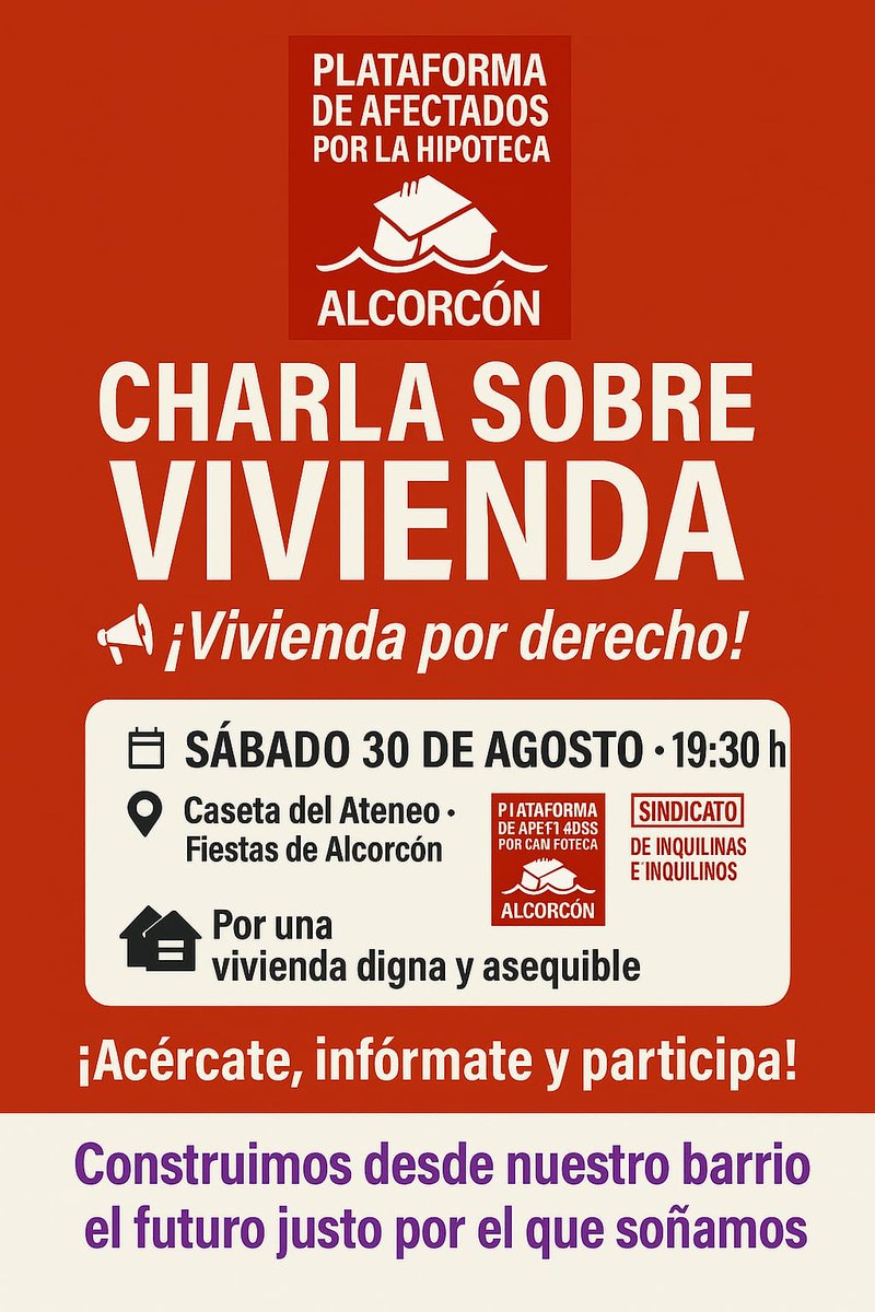 Mañana estaremos en una interesante charla en #Alcorcón sobre un derecho tan básico como es el de tener un techo.
Frente a la especulación y la carestía de los derechos, organización, solidaridad y lucha colectiva. 
<a href="/AteneoAlcorcon/">Ateneo Popular de Alcorcón</a>