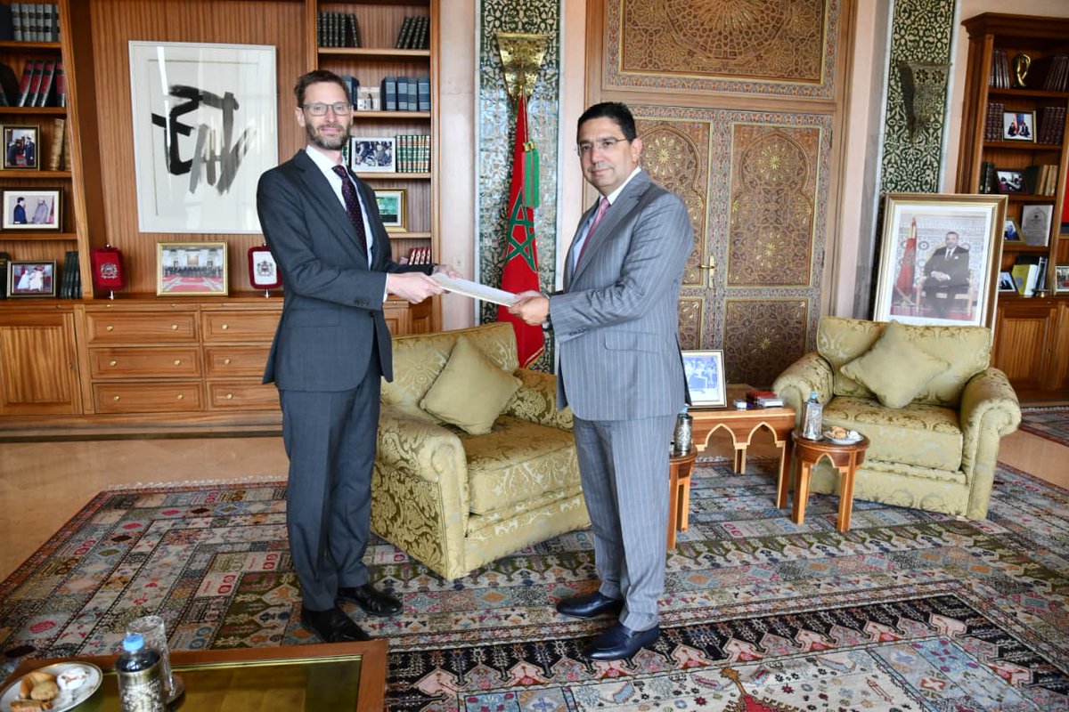 MFA Nasser Bourita received, today in Rabat, Mr. Alex Pinfield OBE, who presented the figured copies of his credentials as Ambassador Extraordinary and Plenipotentiary of the United Kingdom of Great Britain and Northern Ireland, to His Majesty King Mohammed VI, may God assist Him