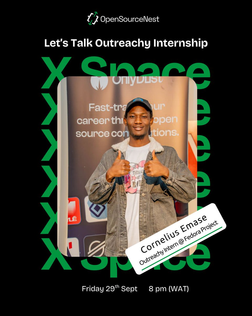 We will be live on X Space today, 29 Aug 2025 · 8PM! 🚀✨
Talking Outreachy Internship: what it is, how to apply &amp; why it matters.

With Cornelius, Outreachy Intern @ Fedora Project 🔥🙌

Set your reminder and tune in!🎙️ x.com/i/spaces/1lPJq…

#OSNcampaign25
<a href="/outreachy/">Outreachy Internships</a> <a href="/EmaseLC/">emmett</a>