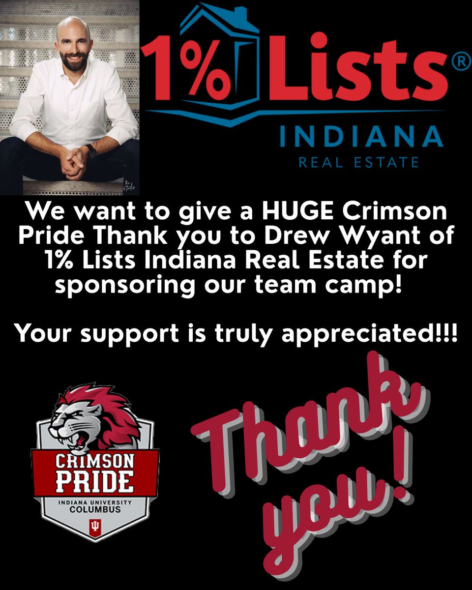 We are so grateful for @1percentlistsindiana and Drew Wyant for his ongoing support of the Crimson Pride XC program.  Thank you for your generous support in sponsoring our team camp again this year!  

Please give Drew a call for all your real estate needs!