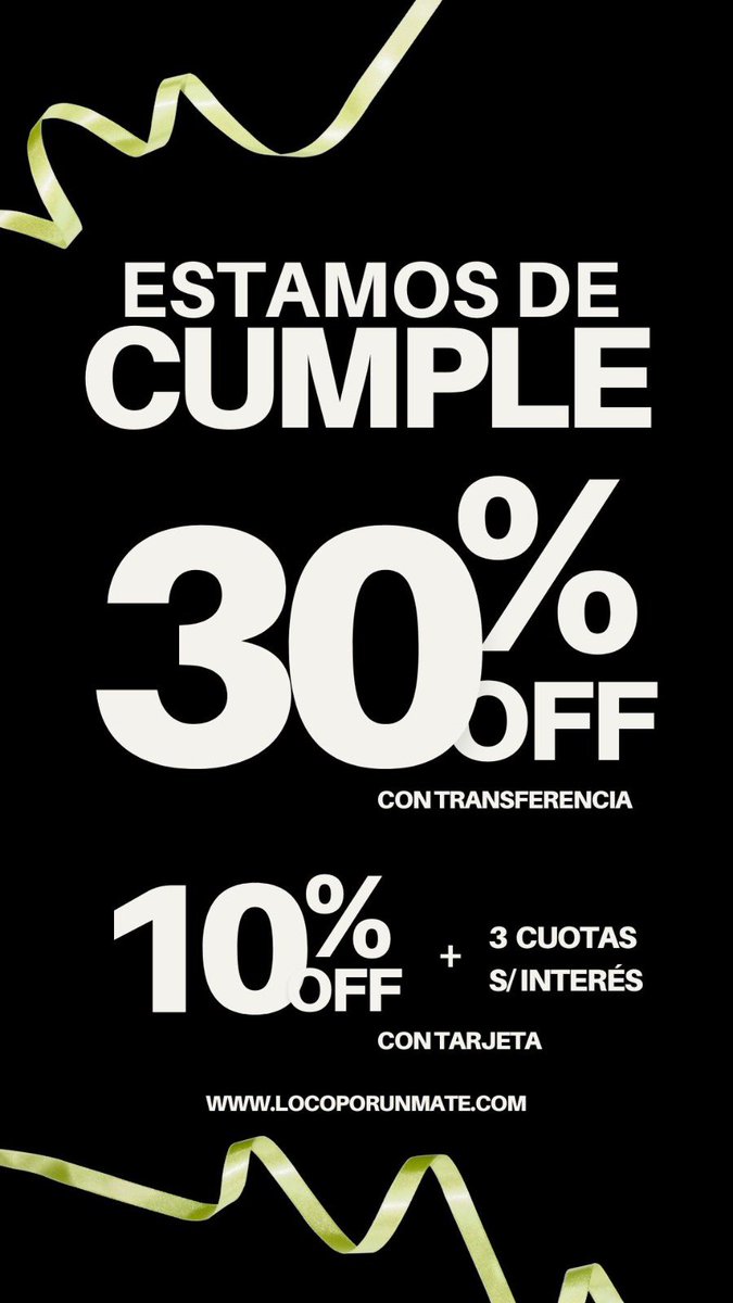🥳 ¡ESTAMOS DE CUMPLE!

🤯 Durante tres días, TODOS LOS PRODUCTOS de la Tienda van a tener un 30% de DESCUENTO con transferencia o un 10% de DESCUENTO + 3 cuotas sin interés.

🔥 ¡A FULL por los 3 años de Loco por un Mate!

🧉 LocoPorUnMate.com 

#Mate #Mates #LocoPorUnMate