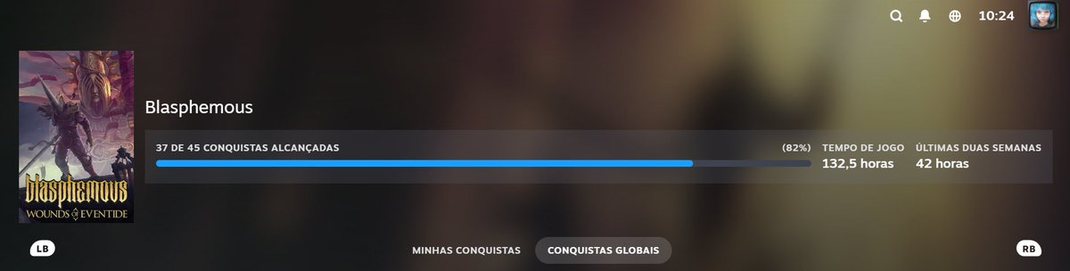 inclusive atualização sobre a platina de blasphemous, jogo lindo, só nn estou sendo fã dos pogos desse jogo