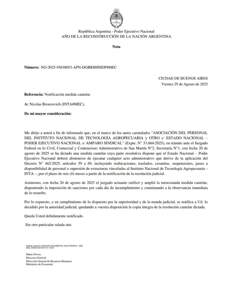 ÚLTIMO MOMENTO!!

El Gobierno comunicó que va a cumplir con la cautelar de la Justicia en favor de ATE que retrotrae la medida y no habrá trabajadores en disponibilidad en el INTA.
Esta definitivamente no es tu semana <a href="/JMilei/">Javier Milei</a>. La caravana en Lomas duró 5 minutos, ayer corrieron