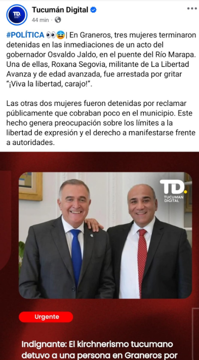 Roxana Segovia fue detenida en Tucumán por gritar "Viva La Libertad Carajo" en un acto del gobernador Osvaldo Jaldo.
No lo puteó, no le tiró con nada. Solamente exclamó LIBERTAD.

Después dicen que <a href="/JMilei/">Javier Milei</a> es un peligro para la democracia....