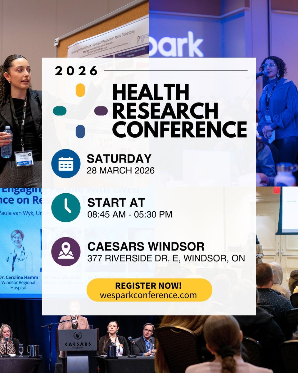 wesparkhealth's tweet image. 📆Mark your calendars! Our annual Health Research Conference is happening on March 28th, 2026, at Caesars Windsor Convention Centre.

👉 Visit wesparkconference.com for more details and to register.

Please share!

#YQG #HealthResearchConference #abstractsubmissions