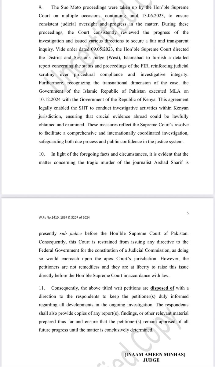 ارشد شریف قتل کیس کی تحقیقات کے لیے جوڈیشل کمیشن بنانے کا حکم دینے سے انکار کر دیا۔معاملہ سپریم کورٹ کے ازخود نوٹس میں ہے، وہی دیکھے گی۔ڈیڑھ سال بعد صرف یہ کہہ کر اسلام آباد ہائیکورٹ نے درخواستیں نمٹا دیں۔
#justiceforarshadsharif