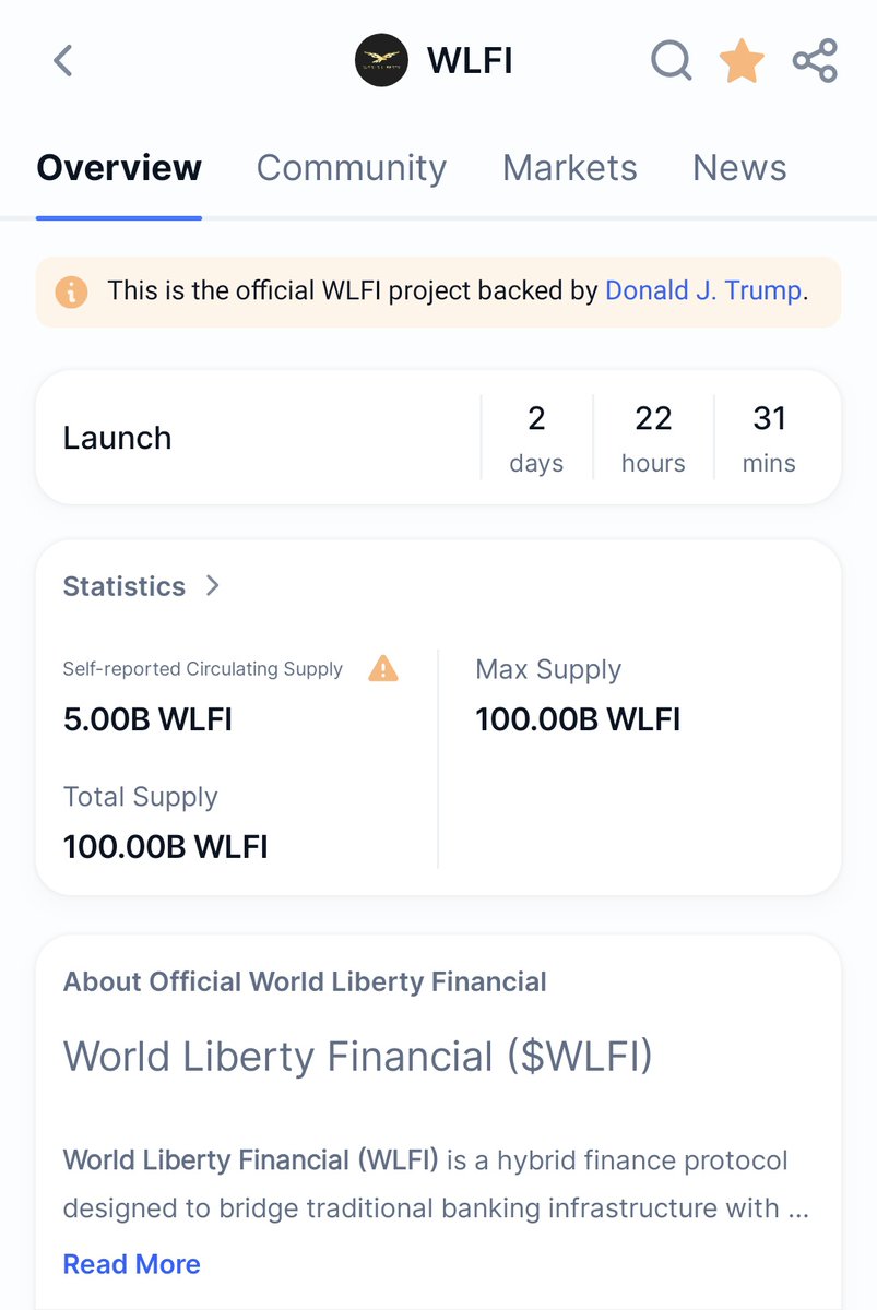 Nftrr1 | Major X (@nftrr1x) on Twitter photo $WLFI Update on <a href="/CoinMarketCap/">CoinMarketCap</a>
CMC has added a Launch Timer and the initial circulating supply of 5B on the $WLFI Homepage. $WLFI Update on <a href="/CoinMarketCap/">CoinMarketCap</a>
CMC has added a Launch Timer and the initial circulating supply of 5B on the $WLFI Homepage.