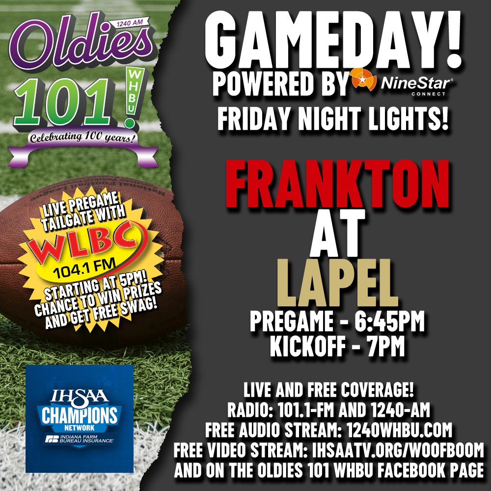 TONIGHT a Madison County rivalry takes center stage for our High School Football Game of the Week: It's <a href="/FranktonAthleti/">Frankton Athletics</a> at <a href="/LapelFootball/">Lapel Football</a>!
Pregame coverage starts at approximately 6:45pm on 101.1-FM, 1240-AM, and with FREE audio and video streams!