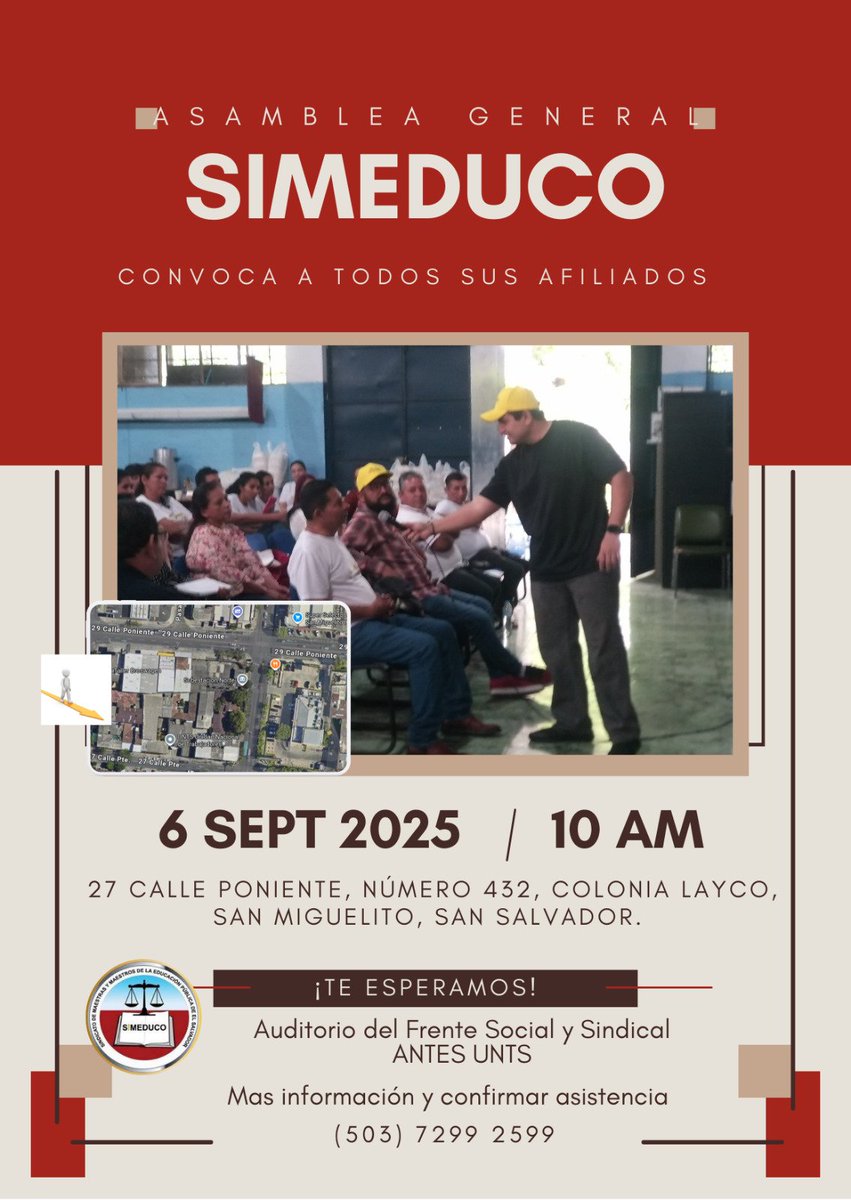 #SIMEDUCO SIMEDUCO CONVOCA A TODOS SUS AFILIADOS MAESTROS A LA ASAMBLEA GENERAL ORDINARIA 2025. TE ESPERAMOS. CONFIRMAR ASISTENCIA (503) 7299 2599.
#ApoyoAlDocente
#educacion