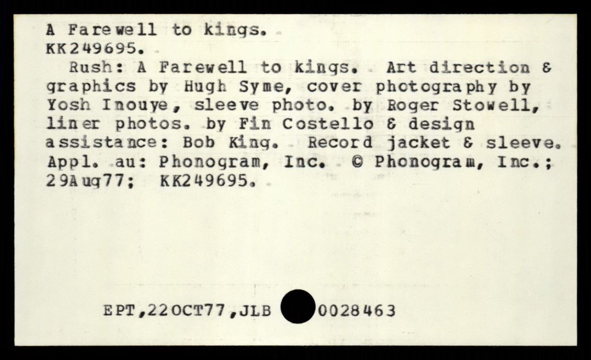 RushHistory2112's tweet photo. Back in the old days, an artist had to copyright every aspect of an album before its release - the album, every song, artwork and design. Here are copies of the actual index cards from the U.S. Copywrite Office
#AFarewellToKings
#RushFamily https://t.co/iEg8vTLYhu