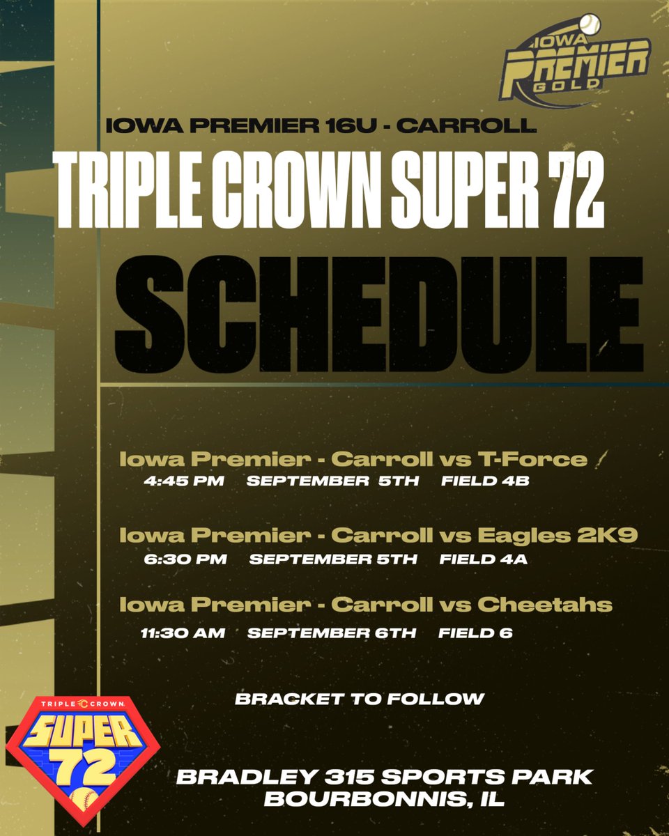 Iowa Premier 16U - Carroll 🥎 (@ip_09_chi) on Twitter photo Schedule is out and we can't wait to hit the field for the first time this fall! For all of the college coaches unable to make it out, please tune in on GameChanger or AGL as we will be streaming games on both platforms all weekend long. <a href="/IowaPremierFP/">Iowa Premier Fastpitch</a> <a href="/triplecrownspts/">Triple Crown Sports</a> Schedule is out and we can't wait to hit the field for the first time this fall! For all of the college coaches unable to make it out, please tune in on GameChanger or AGL as we will be streaming games on both platforms all weekend long. <a href="/IowaPremierFP/">Iowa Premier Fastpitch</a> <a href="/triplecrownspts/">Triple Crown Sports</a>