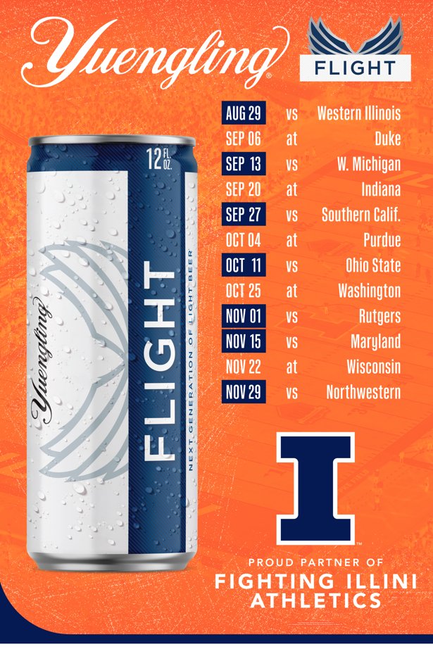 It’s Game 1 for the Orange &amp; Blue🧡💙🏈
Kick off the season w/ <a href="/yuenglingbeer/">Yuengling Brewery</a> Flight Illini fans🍻
Check the schedule &amp; let’s make this a season to remember! <a href="/IlliniFootball/">Illinois Football</a> <a href="/IlliniFootball/">Illinois Football</a>  

#Illini #yuenglingflight #GameDayReady #football
Must be 21+. Please drink responsibly.