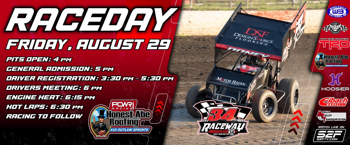 It’s Race Day in West Burlington! The POWRi Honest Abe Roofing 410 Outlaw Sprints kick off Labor Day weekend tonight at 34 Raceway.