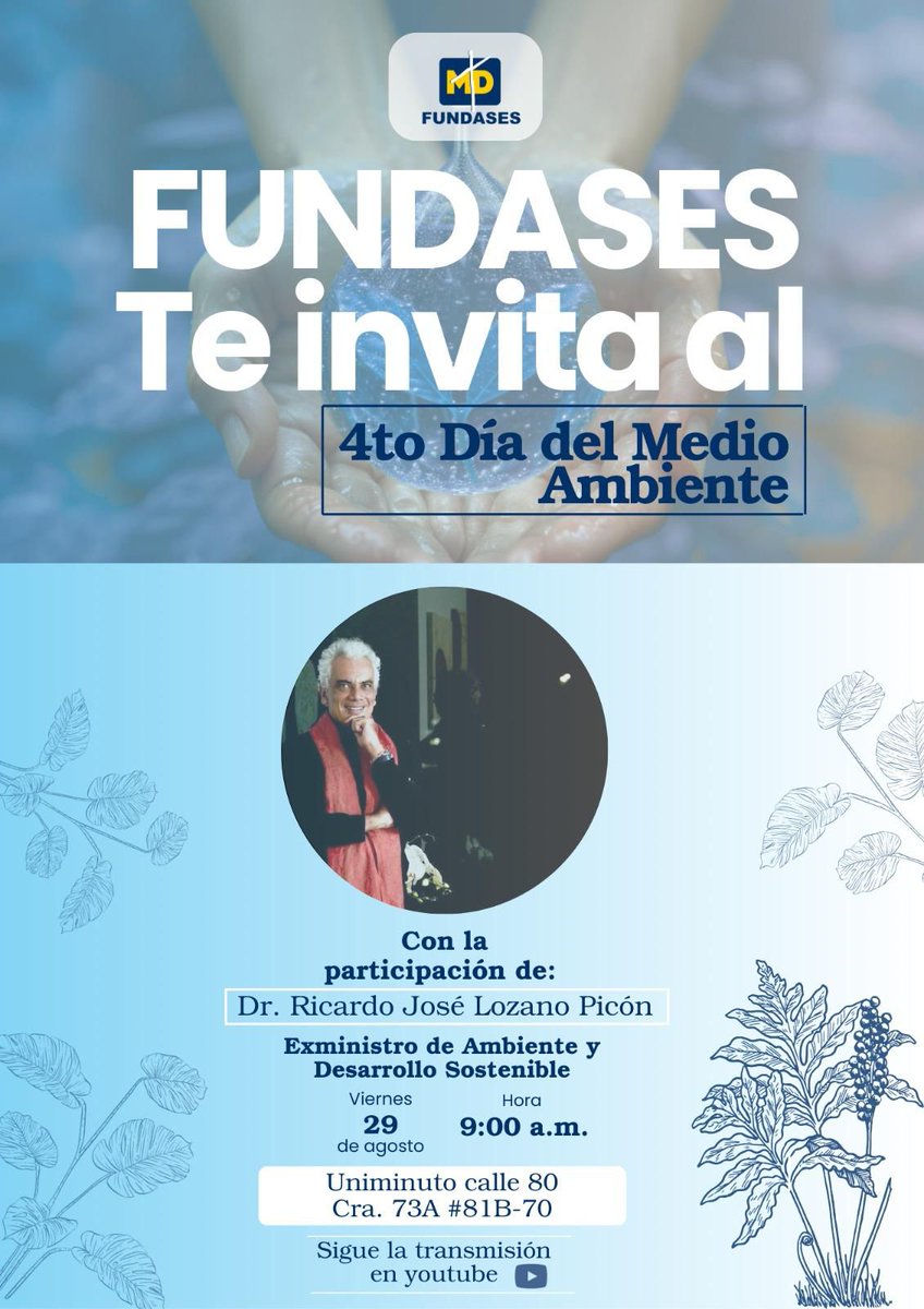 🌱 FUNDASES participa en el 4to Día del Medio Ambiente de UNIMINUTO 🌎

🎤 Con la participación de:
Ricardo Lozano, Exministro de Ambiente
Ing. Jessica Escamilla
Ing. Natalia Poveda
🔴 En vivo aquí 👉youtube.com/live/aXmEOr9CM… 
#FUNDASES #DíaDelMedioAmbiente #UNIMINUTO