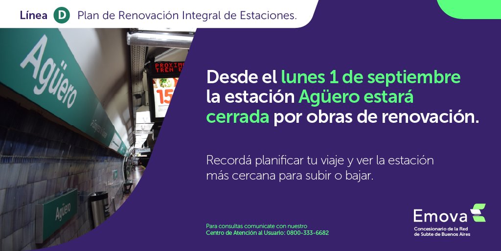 Emova_arg's tweet image. 🚨 ¡Atención usuarios!

📅 Desde el lunes 1° de septiembre la estación Agüero de la #LíneaD estará cerrada por obras de renovación.