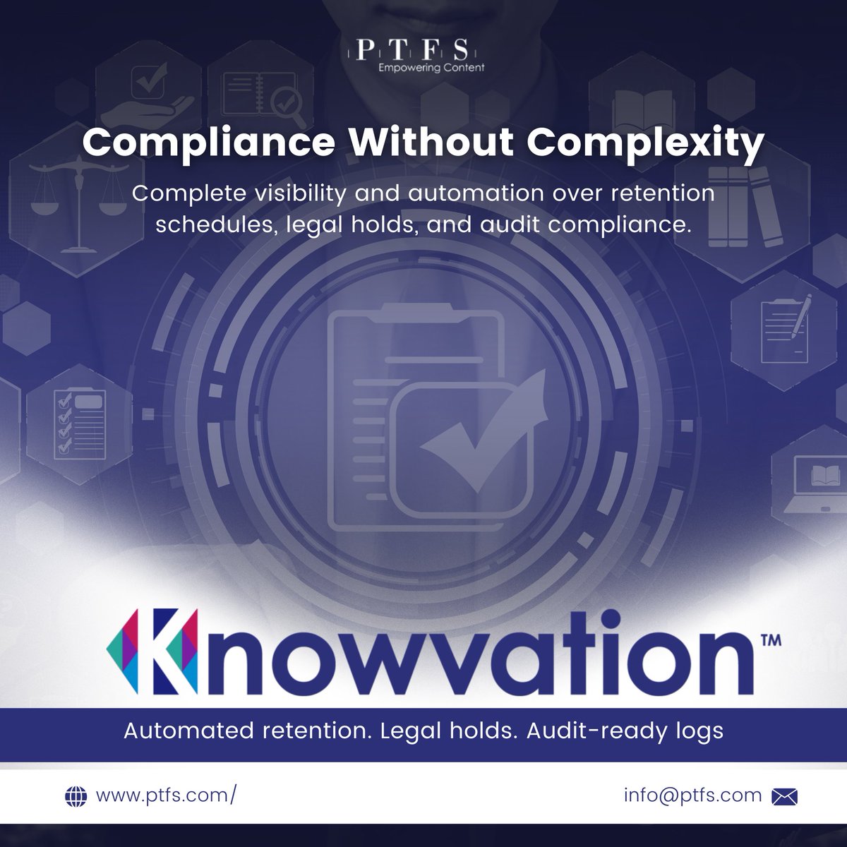 PTFSinc's tweet image. Knowvation® RM gives you complete visibility and automation over retention schedules, legal holds, and audit compliance.
📁 Compliance, without the chaos.
🔗 Discover how: ptfs.com/knowvation-rm/
#RecordsCompliance #DigitalRecords #DoDStandards #PTFS #RMPlatform