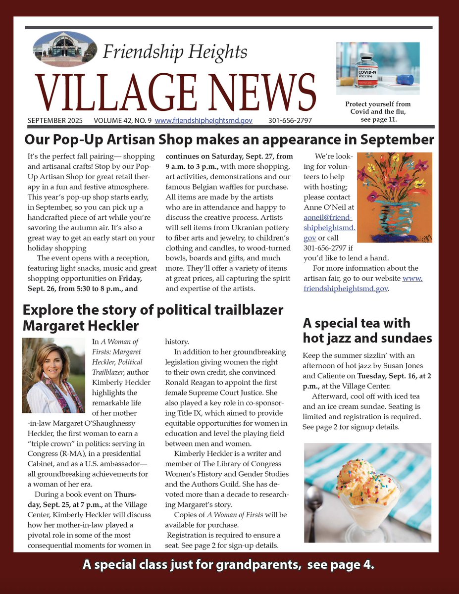 The September 2025 Village Newsletter is hot off the press! Visit us at friendshipheightsmd.gov or the Village Center to get a copy. Copies were also delivered to the resident buildings today.