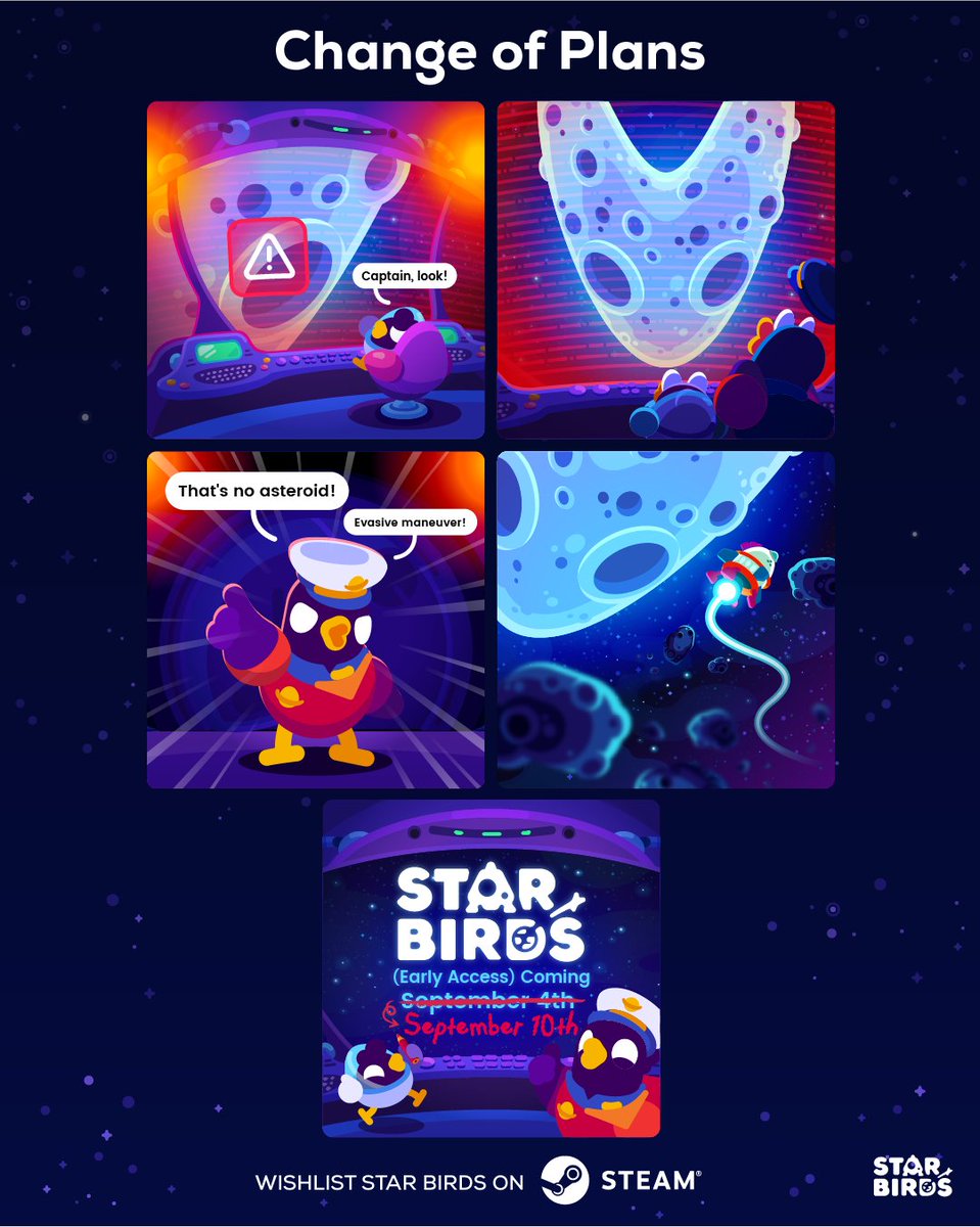 Good news: Star Birds is ready to launch into Early Access soon!
Slight change of flight path, though. We’re now shifting launch to September 10th to avoid colliding with a massive hype-supernova: Silksong, the most wishlisted game on Steam.
Some of you also suggested moving the