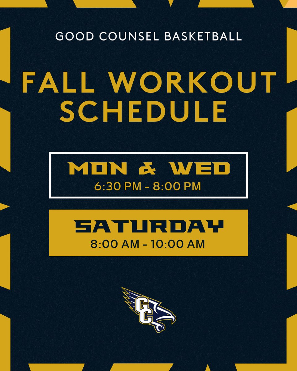 🚨 Varsity (Gold) Group on court workout schedule for Fall 2025. 🚨

College coaches text Coach Kissal or DM to confirm. 

All in.  All GC.

#family #falconpride #hailfalcons
