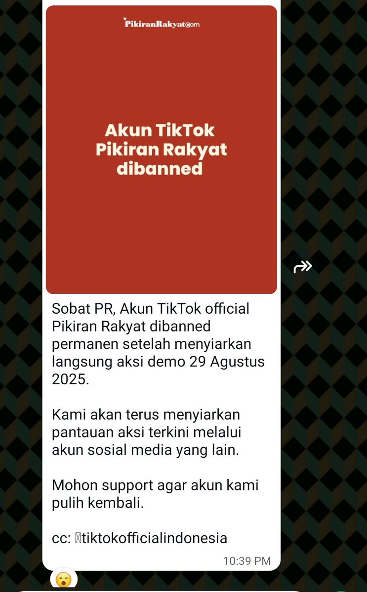 Akun TikTok Pikiran Rakyat dibanned setelah menyiarkan langsung aksi hari ini.

Selamat tahun baru 1984.