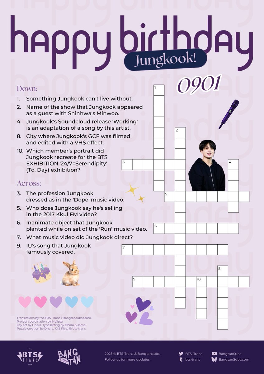 BTS_Trans's tweet photo. Are you ready for some GCF (Good Crossword Fun)? 👀

It's time to focus on... putting your knowledge of our resident B___ _T__ ____Y (13 letters 👶⭐🍬) to the test!

︀︀Share your answers below! ⬇️