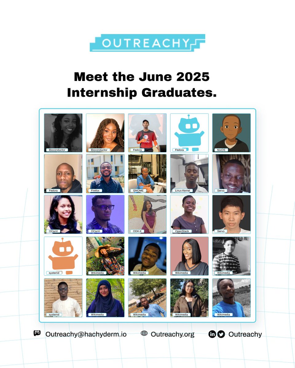 Outreachy Internships (@outreachy) on Twitter photo It’s a wrap!🎊
Today marks the end of the June 2025 Outreachy Internship.
Congratulations to our interns for their growth & impact!
Thank you to mentors and coordinators for your support👏🏽
This is just the beginning, onward to shaping the #opensource future! 
#Outreachy #FOSS It’s a wrap!🎊
Today marks the end of the June 2025 Outreachy Internship.
Congratulations to our interns for their growth & impact!
Thank you to mentors and coordinators for your support👏🏽
This is just the beginning, onward to shaping the #opensource future! 
#Outreachy #FOSS