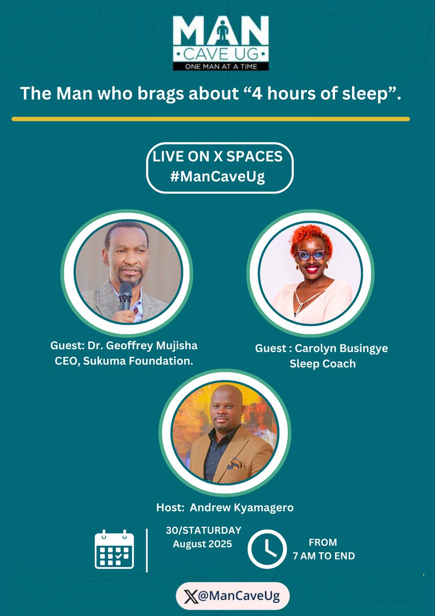 ManCaveUG (@mancaveug) on Twitter photo Tomorrow we’re diving into why some men wear sleep deprivation like a badge of honour.
Is it toxic hustle culture, societal pressure, or just a myth?
What’s the real cost of sleep deprivation for men’s health, success & relationships? Host <a href="/kyamageroandrew/">Andrew Kyamagero</a>
#SleepLessMyth # Tomorrow we’re diving into why some men wear sleep deprivation like a badge of honour.
Is it toxic hustle culture, societal pressure, or just a myth?
What’s the real cost of sleep deprivation for men’s health, success & relationships? Host <a href="/kyamageroandrew/">Andrew Kyamagero</a>
#SleepLessMyth #