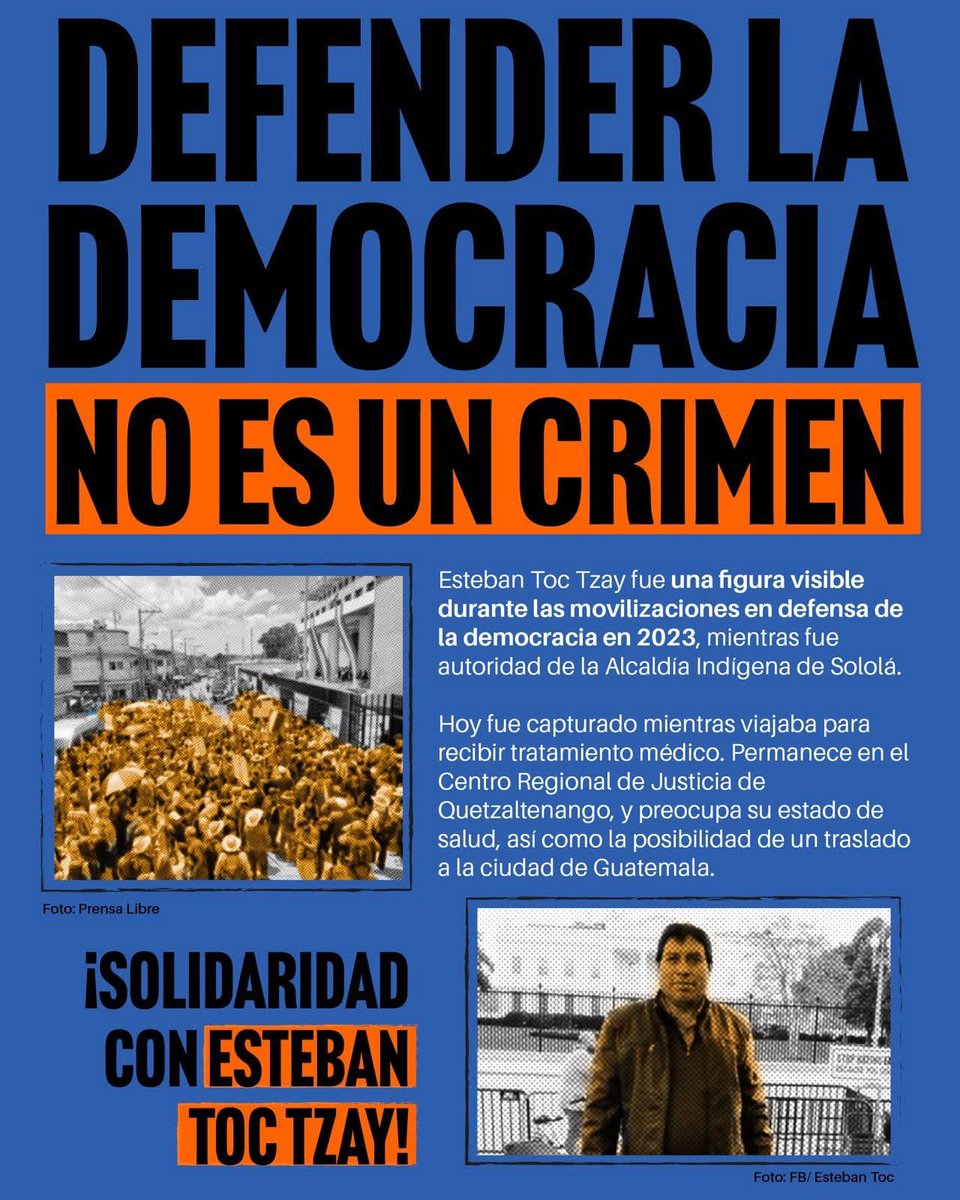 Continua la  #Criminalizacion en contra de liderazgos comunitarios, ahora con la detención de  Esteban Toc Tzay, ex autoridad indígena de Solola. 

Defender derechos humanos, derechos de pueblos indígenas y la democracia no es delito.