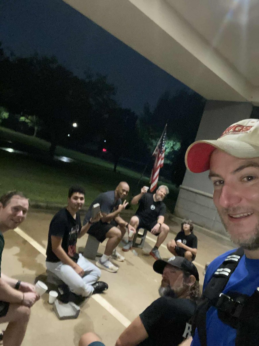 Friday fun: Sprints in the rain, partner exercises, coffee, and the Circle of Trust. 
 Strong work, strong men.