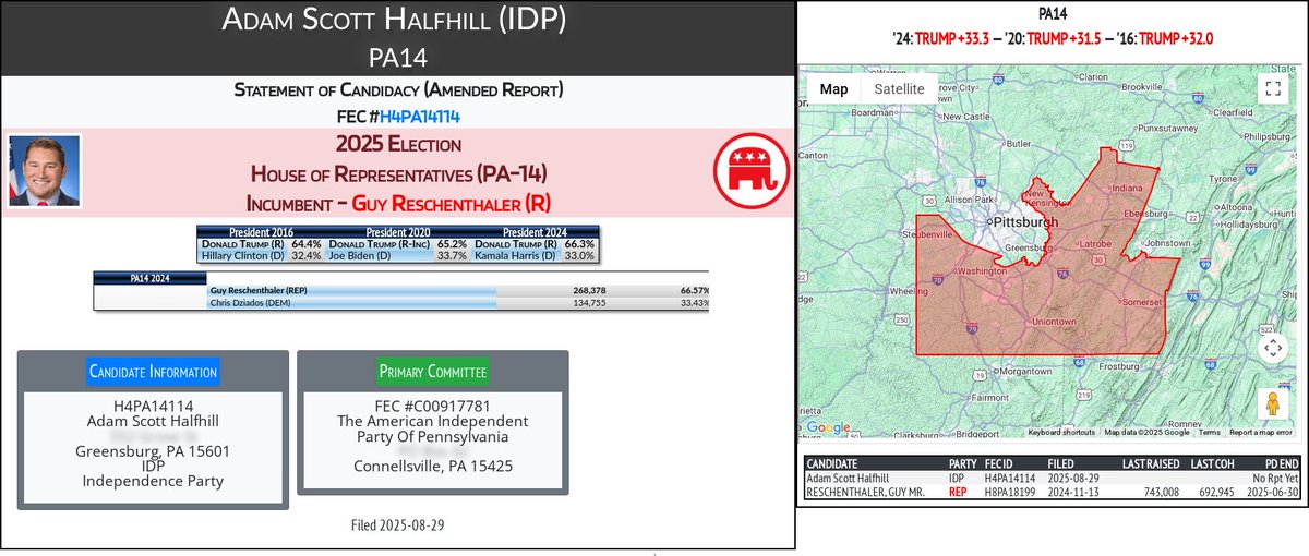CATargetBot0001's tweet image. NEW 2025 FEC F2
Adam Scott Halfhill (IDP)
#PA14 (R-Reschenthaler)
docquery.fec.gov/cgi-bin/forms/…