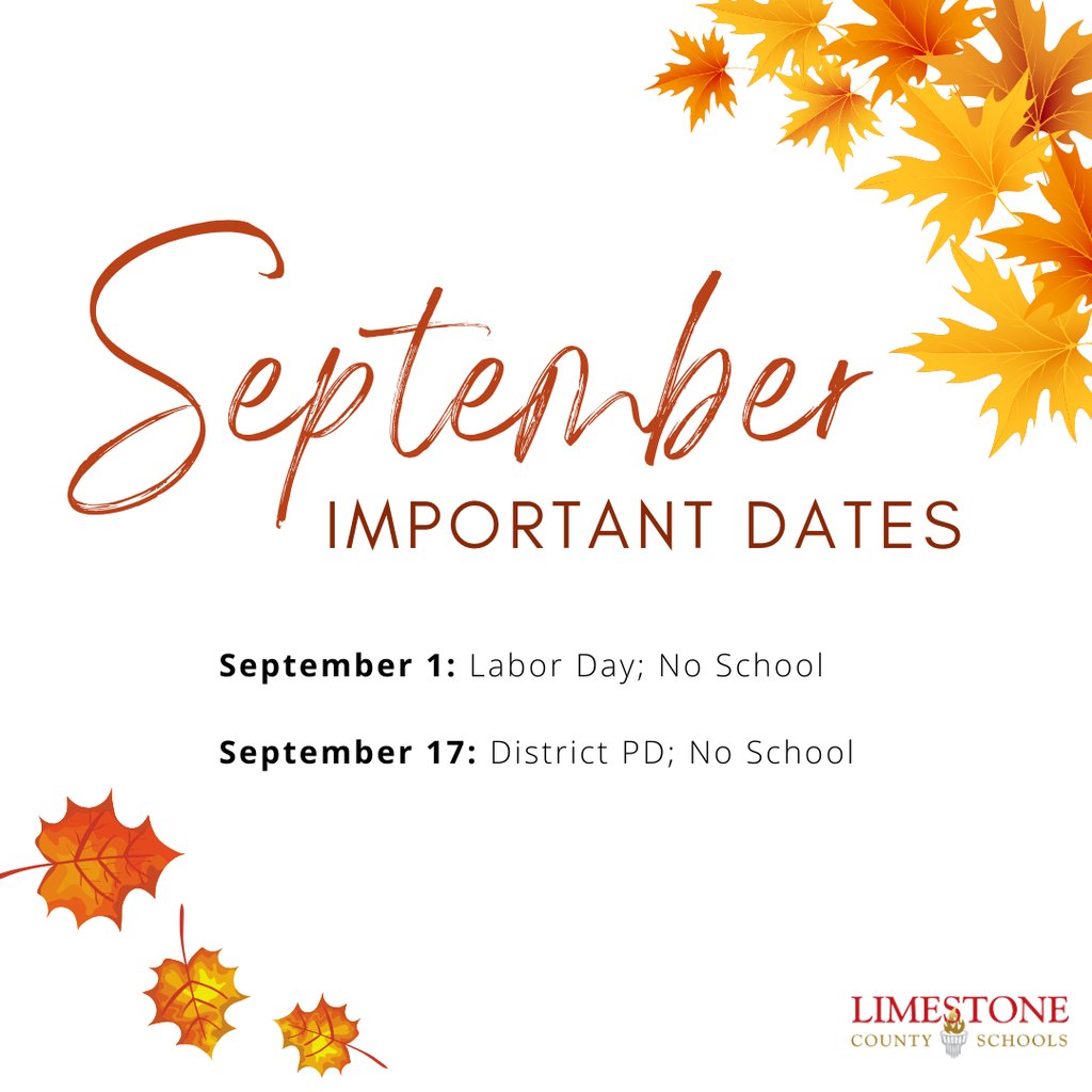 LCSforKids's tweet image. Please take note of these important dates for the month of September.
September 1- Labor Day; No School
September 17-District PD; No School