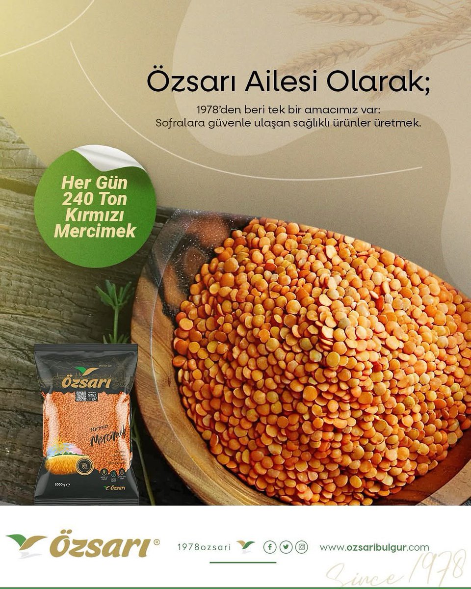 Özsarı ailesi olarak 1978'den beri tek bir amacımız var: Sofralara güvenle ulaşan sağlıklı ürünler üretmek.

#Özsarı #Bulgur #Bakliyat #SağlıklıBesin #ÖzsarıGıda #Mercimek #KırmızıMercimek