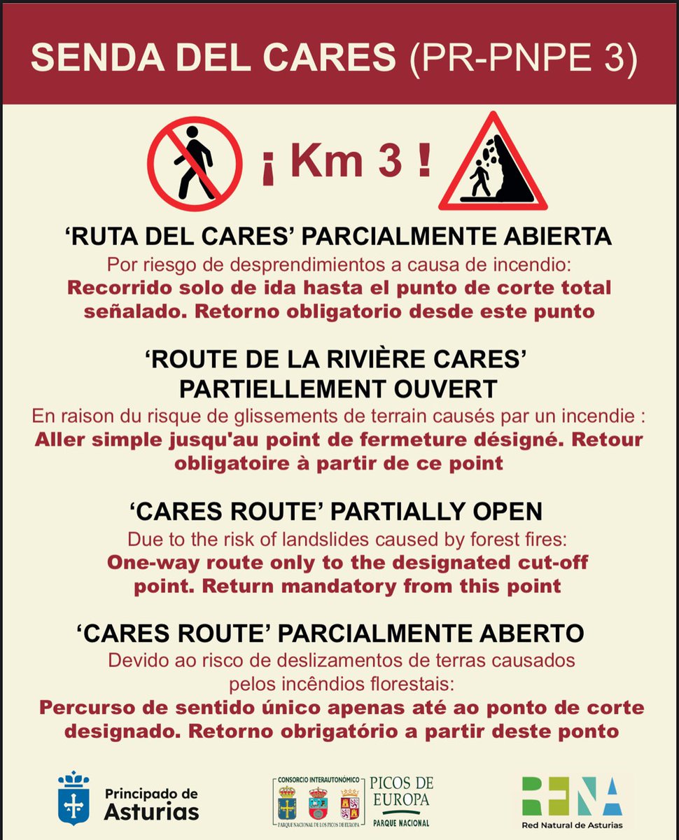 ⚠️ IMPORTANTE - RUTA DEL CARES (PR-PNPE 3) ⚠️

🗓 A partir del sábado 30 de agosto

ℹ️ 🥾 La Senda del Cares (PR - PNPE 3) queda ➡️ PARCIALMENTE ABIERTA DESDE PONCEBOS ⬅️