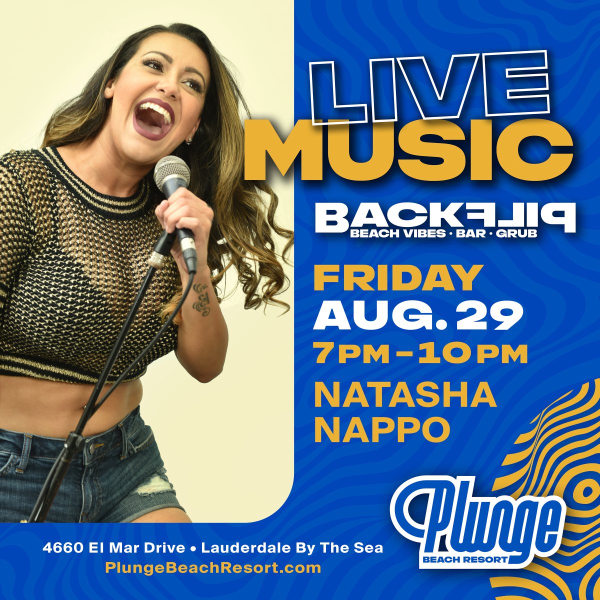 Live music is back at Plunge! Join us TODAY, Aug. 29, from 7–10 PM for an unforgettable night with Natasha Nappo at Backflip. #PlungeBeachResort #LauderdaleByTheSea