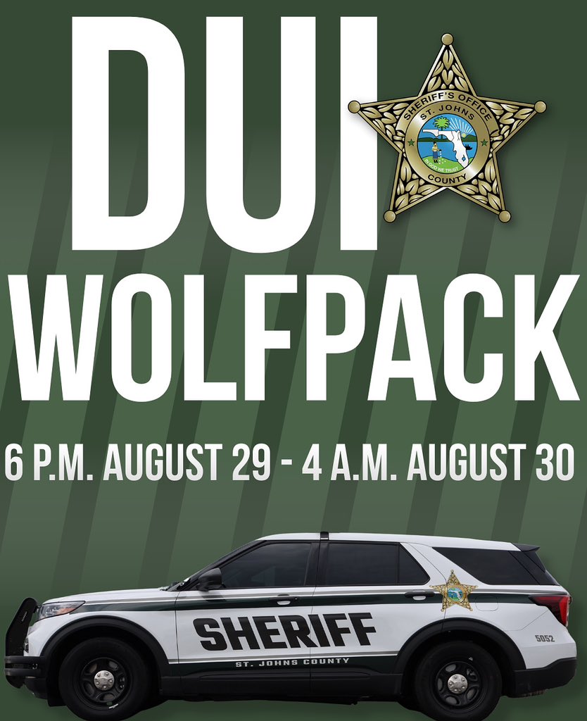 St. Johns County Sheriff's Office (@teamsjso) on Twitter photo โ๏ธ๐๐จ๐ ๐ช๐ข๐๐๐ฃ๐๐๐ ๐๐ก ๐ฆ๐ง. ๐๐ข๐๐ก๐ฆ ๐๐ข๐จ๐ก๐ง๐ฌ โ๏ธ
The St. Johns County Sheriffโs Office in partnership with the St. Augustine Police Department and Florida Highway Patrol is conducting a DUI Wolfpack operation.
๐ง๐๐ ๐ข๐ฃ๐๐ฅ๐๐ง๐๐ข๐ก ๐ช๐๐๐ ๐๐๐๐๐ก ๐๐ง โ๏ธ๐๐จ๐ ๐ช๐ข๐๐๐ฃ๐๐๐ ๐๐ก ๐ฆ๐ง. ๐๐ข๐๐ก๐ฆ ๐๐ข๐จ๐ก๐ง๐ฌ โ๏ธ
The St. Johns County Sheriffโs Office in partnership with the St. Augustine Police Department and Florida Highway Patrol is conducting a DUI Wolfpack operation.
๐ง๐๐ ๐ข๐ฃ๐๐ฅ๐๐ง๐๐ข๐ก ๐ช๐๐๐ ๐๐๐๐๐ก ๐๐ง