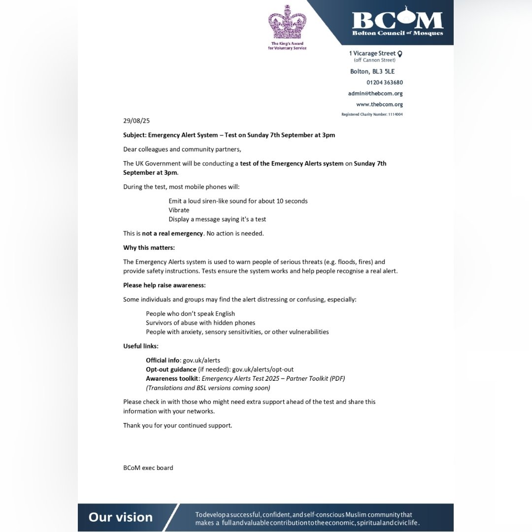 THEBCOM1's tweet image. The Bolton Council of Mosques would like to make you aware that the UK Government will send a test Emergency Alert to mobile phones across the UK at 3:00 PM on Sunday 7th September 2025. Please see information in the letter. 
@GOVUK 
#emergencyalertsystem #ukgov