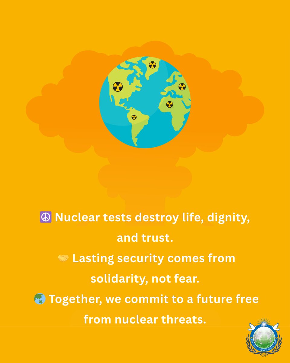 ukUPF's tweet image. Nuclear weapons corrode our shared humanity. On #NuclearTestsDay, UPF calls for courageous leadership: advance disarmament treaties &amp;amp; build a culture of trust. 
uk.upf.org/component/cont… 
#HumanSecurity #UPF #PeaceNotWeapons