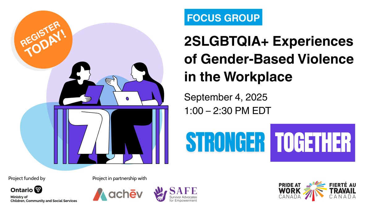 We still have spots open in the upcoming Focus Group on 2SLGBTQIA+ Experiences of Gender-Based Violence in the Workplace. Register Today!

Visit the project page for more information: ow.ly/iKtF50WMrom