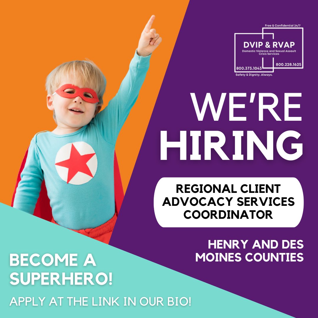 DVIP &amp; RVAP is hiring! We are seeking a dedicated superhero to fill the role of Regional Client Advocacy Services Coordinator. Visit the link in our bio to learn more and apply.

#DVIPRVAP #Iowa #Hiring #Job #Apply