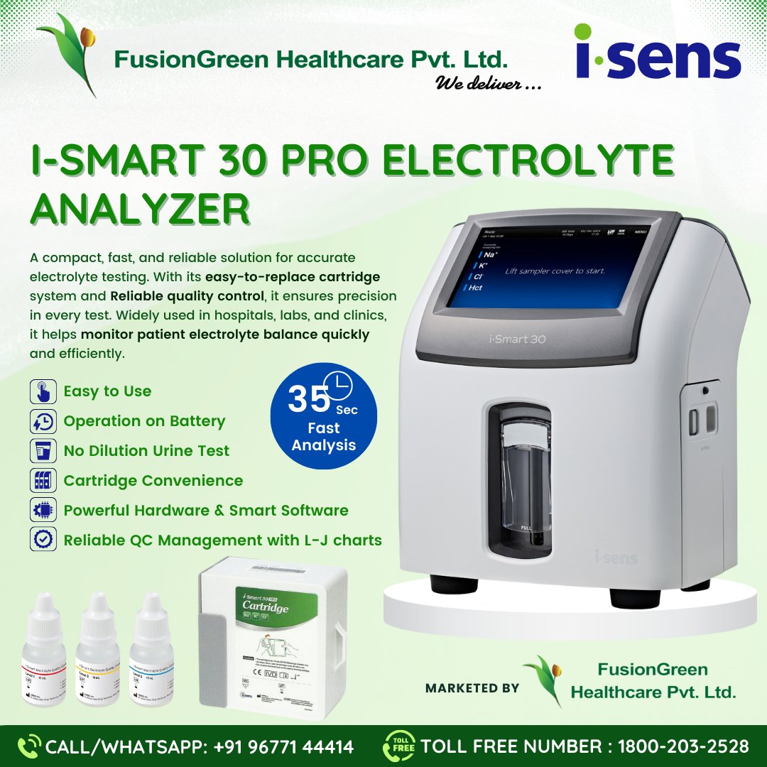 FusionGreen_HC's tweet image. Meet the i-Smart 30 Pro Electrolyte Analyzer – Your Compact Partner for Fast, Accurate &amp;amp; Reliable Electrolyte Testing ⚡

Contact Us Today:
📞 Call/WhatsApp: +91 96771 44414
☎️ Toll-Free: 1800-203-2528
#ElectrolyteAnalyzer #MedicalDevices #LabSolutions #HealthcareInnovation