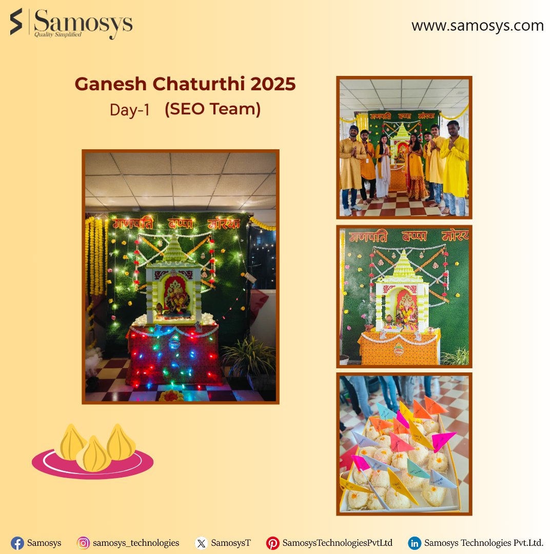 SamosysT's tweet image. ✨ Ganpati Bappa Morya!
Day 1, Team 1 – Our SEO Team set the festive tone with beautiful decorations and fun activities to welcome Bappa with joy. 🌸🎉
The competition begins on a high note – stay tuned to see how the next team adds their magic! ✨
#GaneshChaturthi