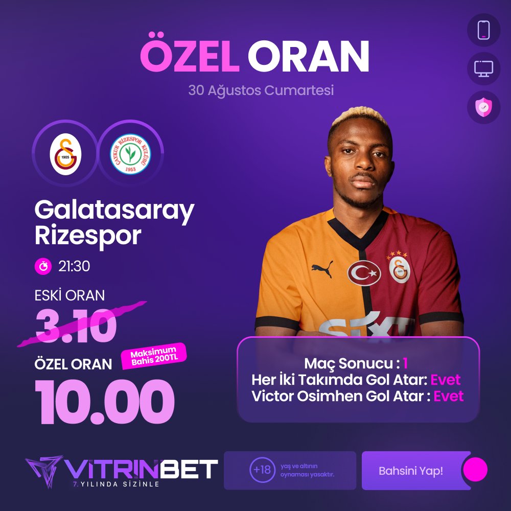 📢 ÖZEL ORAN! 🔥

30 Ağustos | Galatasaray 🆚 Rizespor

✅ Maç Sonucu: GS
✅ İki Takım Gol Atar: Evet
✅ Osimhen Gol Atar: Evet

💎 Özel Oran: 10.00
⚡ Katılım: Son 24 saatte min. 500 TL yatırım
💰 Max Bahis: 200 TL

👉 Şimdi bahsini yap! #Vitrinbet