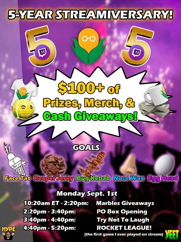 CamOnTheCob's tweet photo. This Monday marks 5 YEARS since I began my streaming journey on Twitch. To celebrate, we're having a BANGER stream with over $100 of prize giveaways, a hilarious PO Box opening, and some wild extras. Hope to see y'all there! 🎉🥂 https://t.co/3qM31gHVKV