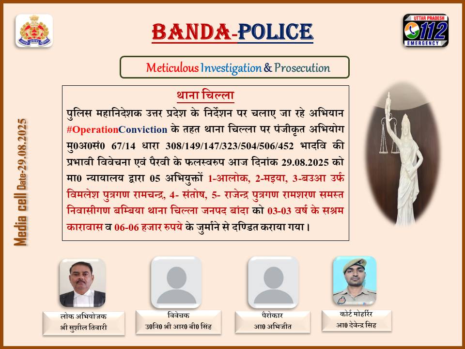 bandapolice's tweet photo. #OperationConviction के तहत थाना चिल्ला पर पंजीकृत अभियोग मु0अ0सं0 67/14 धारा 308/149/147/323/504/506/452 भादवि की प्रभावी विवेचना एवं पैरवी के फलस्वरुप  मा0 न्यायालय द्वारा 05 अभियुक्तों को 03-03 वर्ष के सश्रम कारावास व 06-06 हजार रुपये के जुर्माने से दण्डित कराया गया । https://t.co/mKBFZ0zCAv