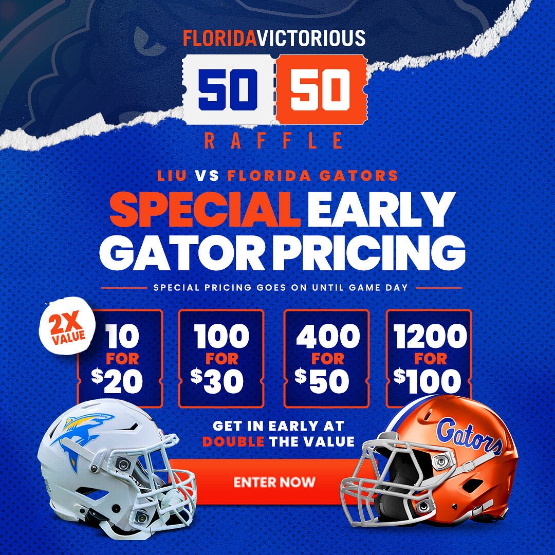 Last day of the special early Gator pricing! Get your tickets at the link! @FL_Victorious #FVFoundation
Link: fv5050.com