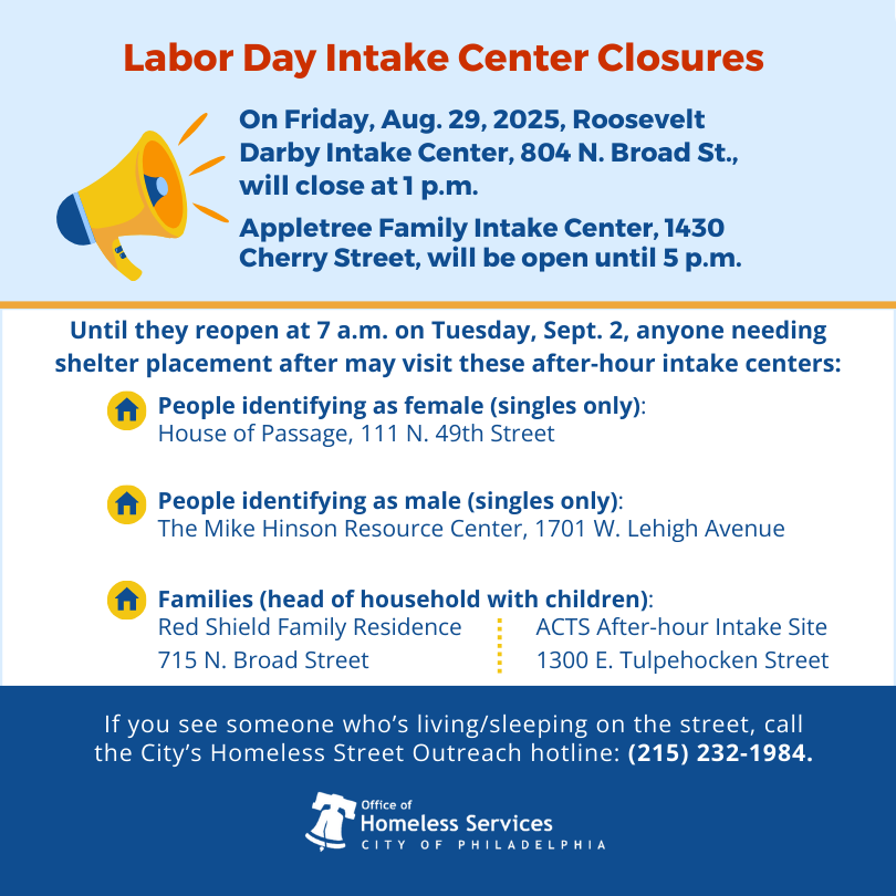 On Friday, 8/29, Roosevelt Darby Intake Center will close at 1 p.m. and Appletree Family Center at 5 p.m. in observance of Labor Day. They’ll reopen at 7 a.m. on Tues., 9/2. Until then, visit an after-hour intake center for shelter placement: bit.ly/PhilaIntakeCen…