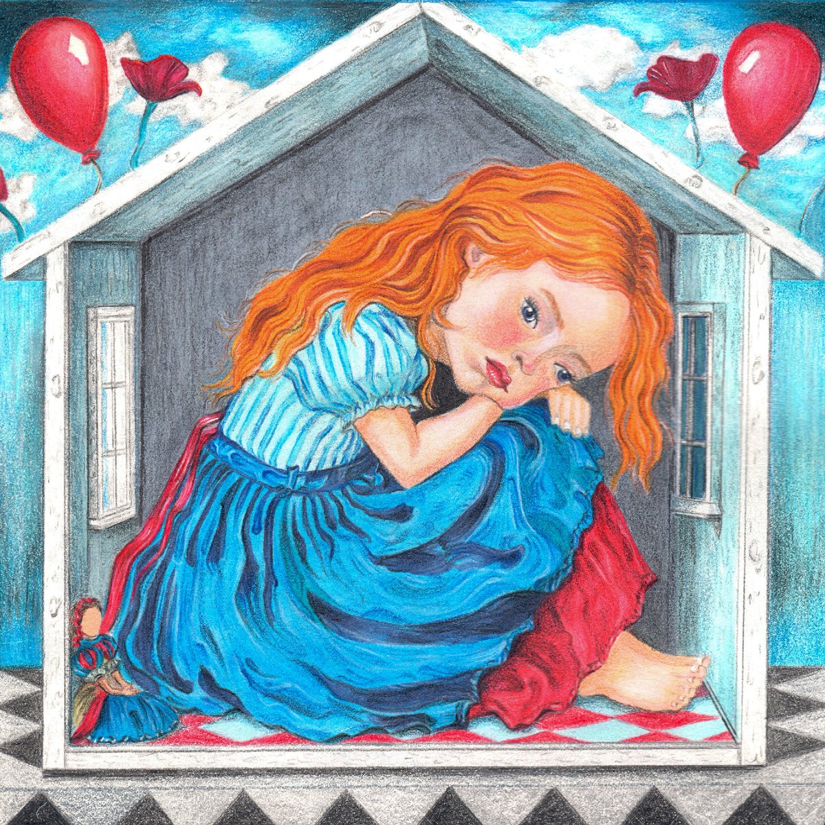 In the warzone of the mind, doubt casts long shadows. Yet, in the self a house that should be safe a single hope flickers. Fragile dreams float like a balloon, while a faceless doll speaks of lost identity. Blue sorrow clashes with red passion. This is the art of survival 🎈