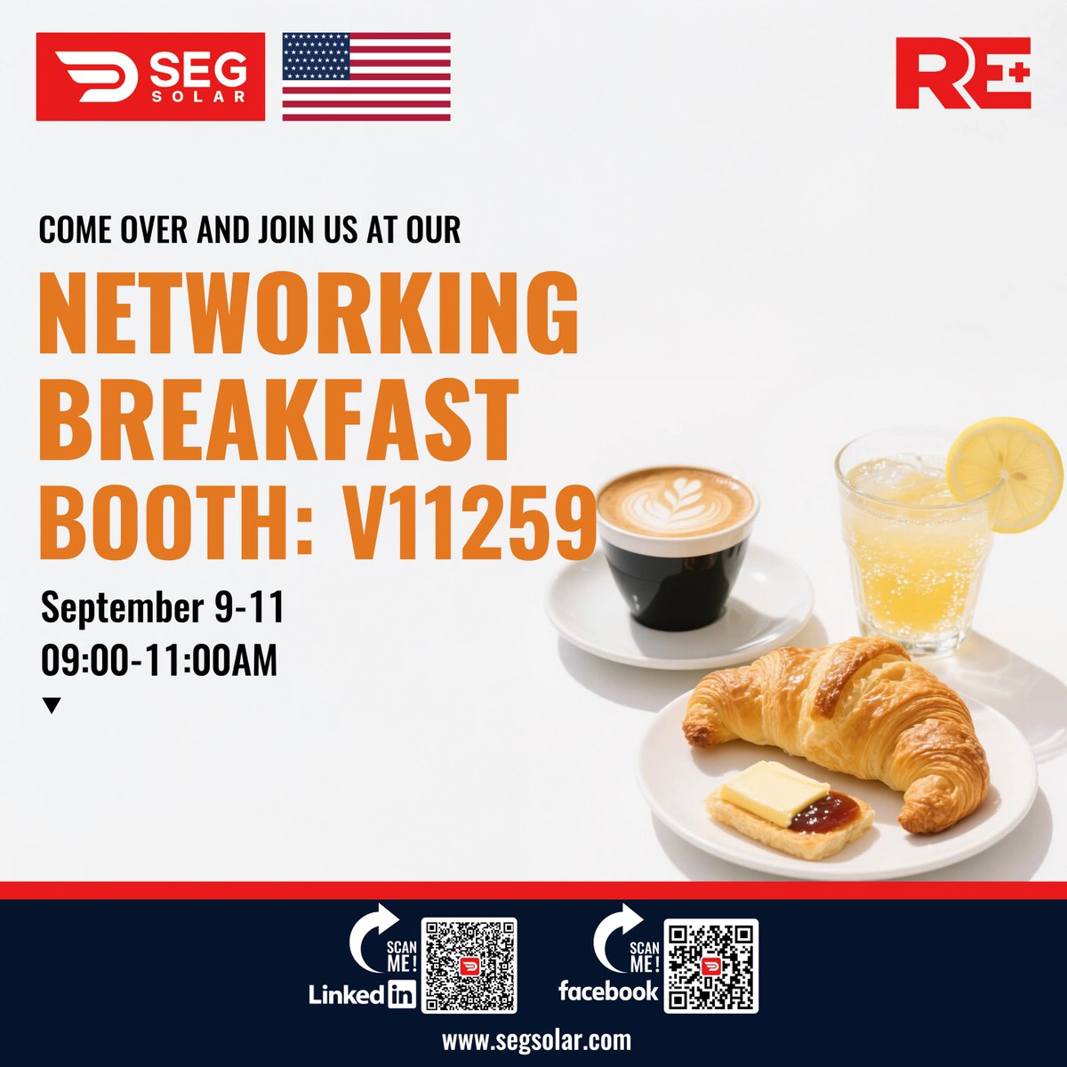 ☀️ Wake Up, Network &amp; Shine with SEG Solar at RE+ 2025! ☀️

📍 Booth V11259 | Venetian Expo, Las Vegas
📅 Sept 9–11 | ⏰ 9–11AM

Coffee, croissants &amp; connections — let’s spark a brighter future together! 🌞✨

#SEGsolar #REPlus2025 #SolarEnergy